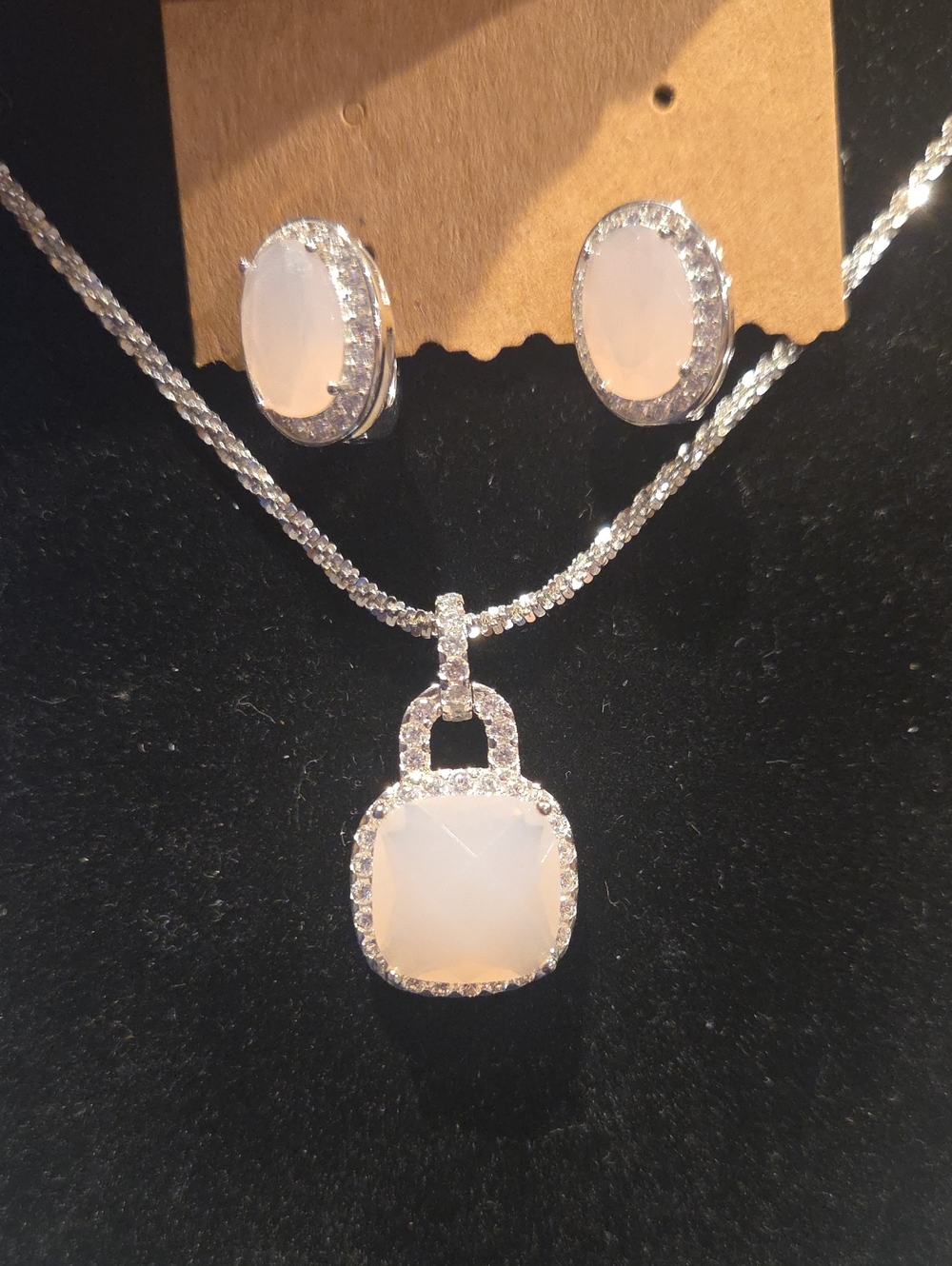 Sterling Silver Pink Quartz Pendant Necklace and Stud Earrings Set